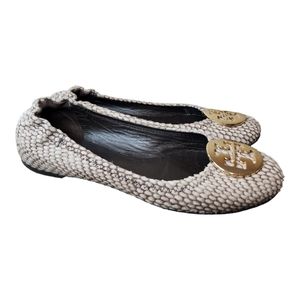 Tory Burch Gold/Almond Python Leather Embossed Reva Ballet Flats Size 8